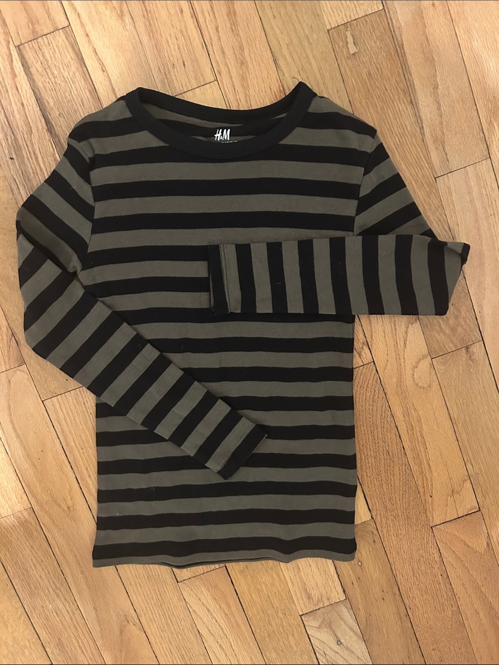 H&M Olive Green and Black Striped Long Sleeve Tee